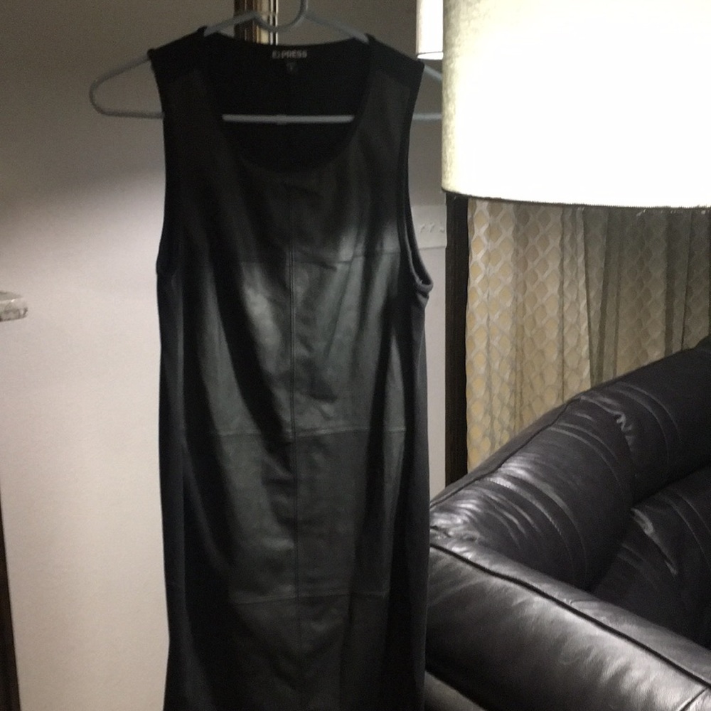 Black mini dress.  Leather material in front